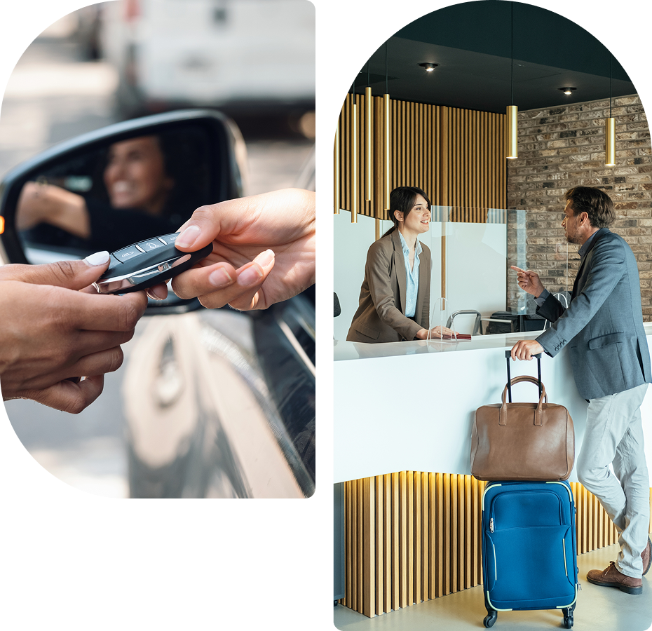 Car keys exchange and hotel check-in scene.