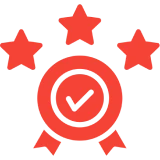 Red badge with stars and check mark.