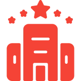 Red building with stars on black background.