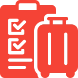 Red suitcase and checklist icon on black.