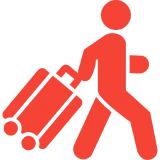 Red figure with rolling suitcase icon.
